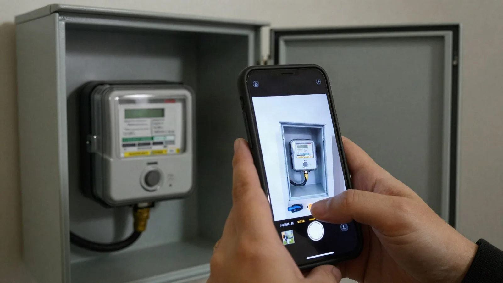 Smartphone fotografiert einen geöffneten Zählerschrank