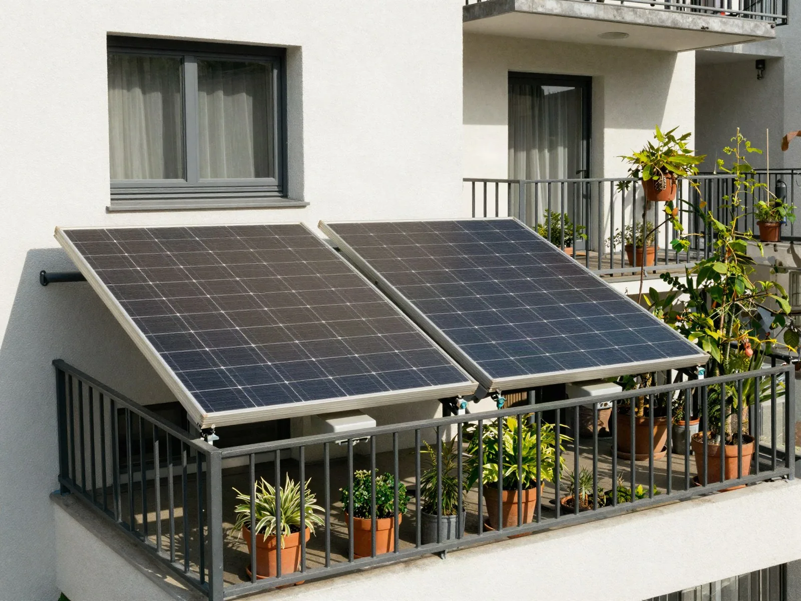 Balkonkraftwerk anmelden Balkonkraftwerk mit zwei Solarmodulen am Balkon eines Mehrfamilienhauses