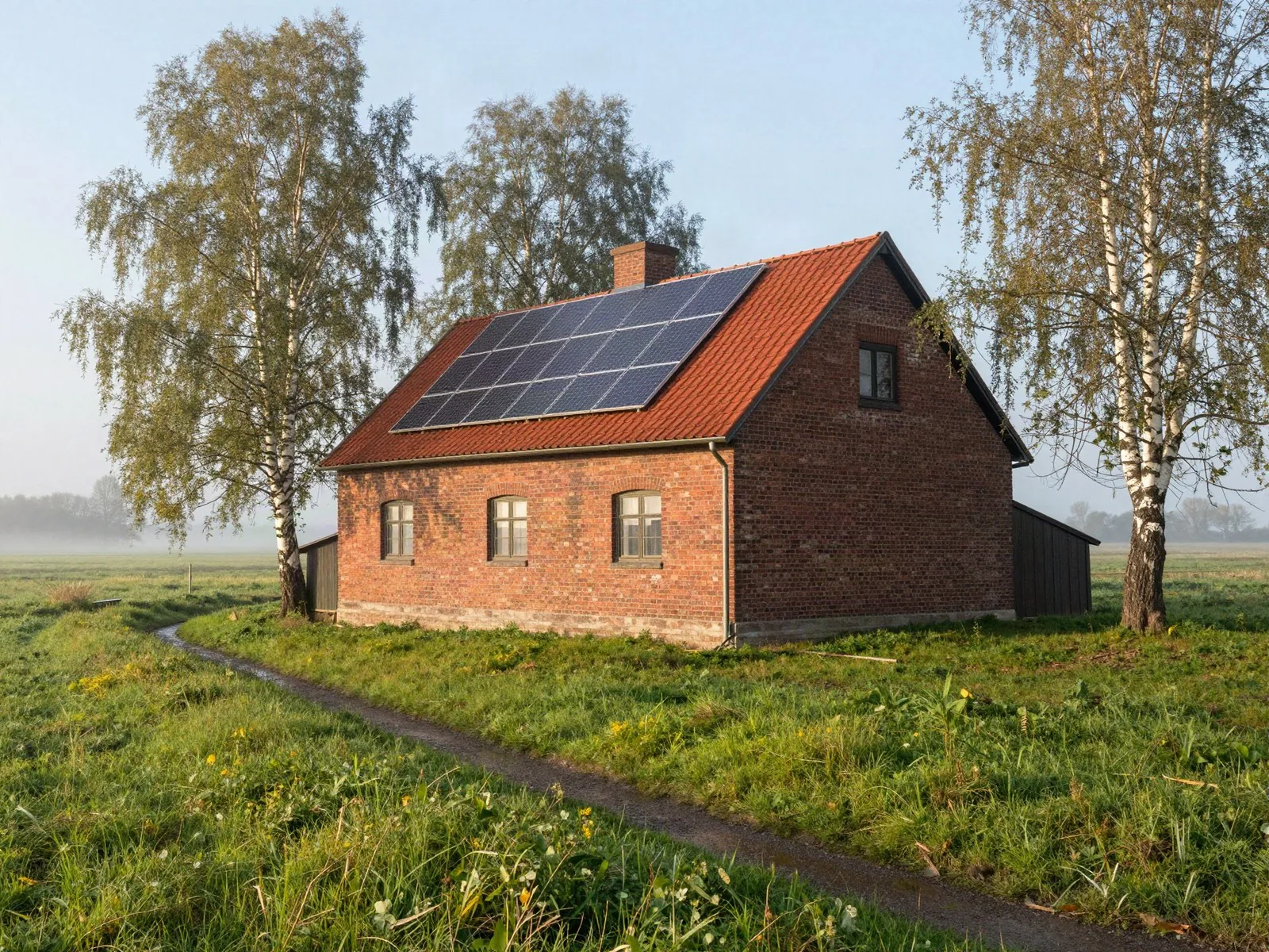Elektriker Osterholz-Scharmbeck: Hofgebäude mit Photovoltaik am Rand einer Moorlandschaft