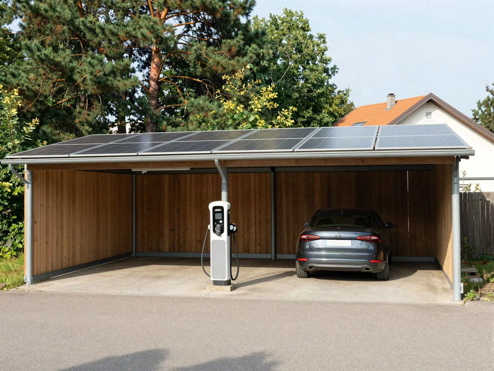 Elektriker Rotenburg: Solardach über einem Doppelcarport mit Ladepunkt