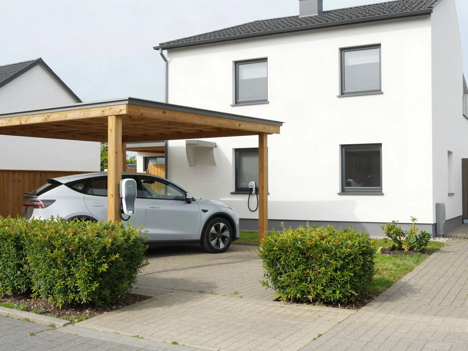 Elektriker Weyhe – Anlage anmelden Elektriker Weyhe: Wallbox im Carport eines Neubaus, Anmeldung beim Netzbetreiber steht an