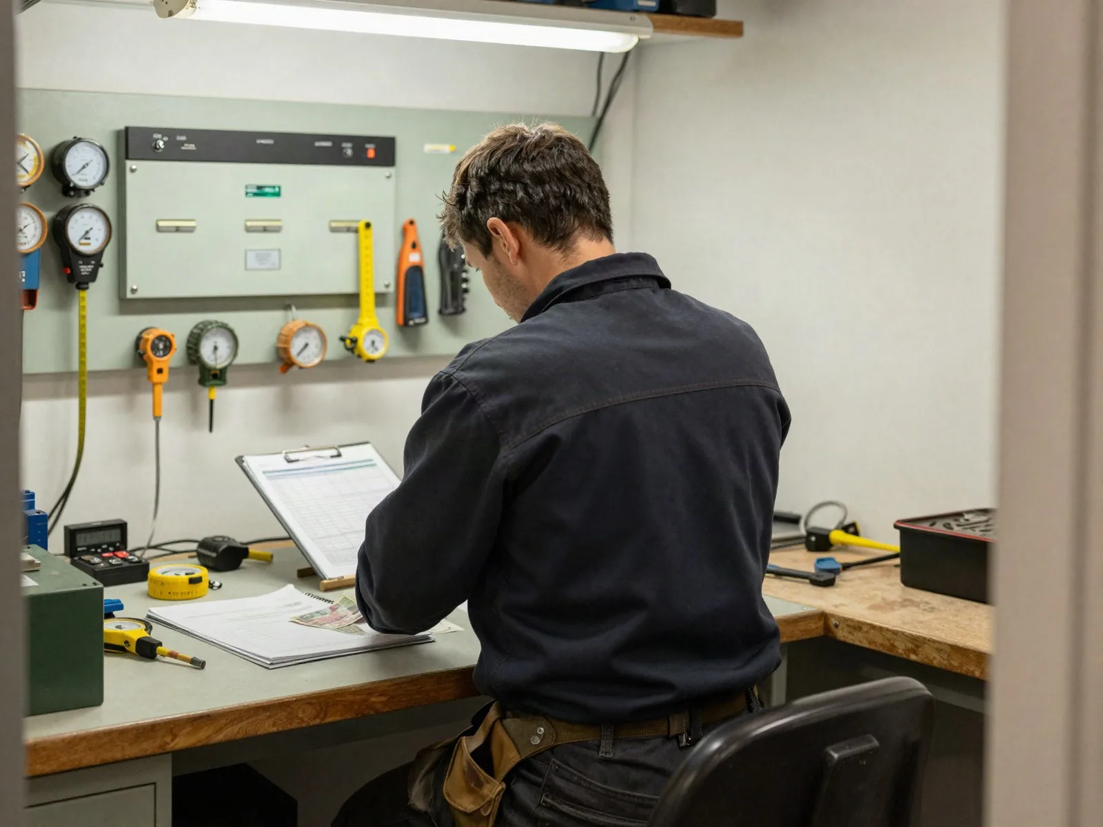 Elektromeister von hinten am Werktisch mit Messgeräten und Zählerschrank-Bauteilen