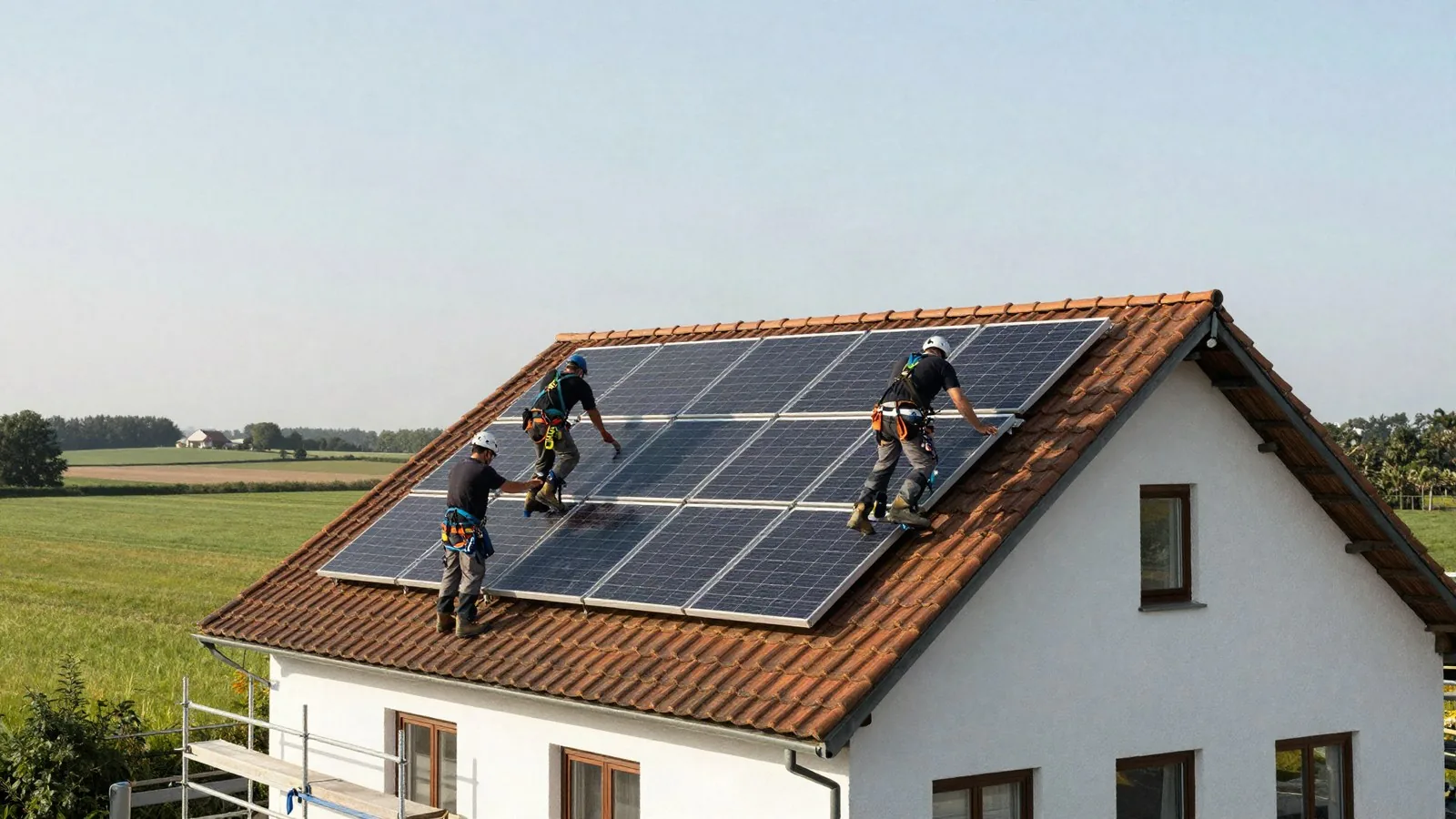 Zwei Monteure montieren Solarmodule auf einem Dach im Bremer Umland