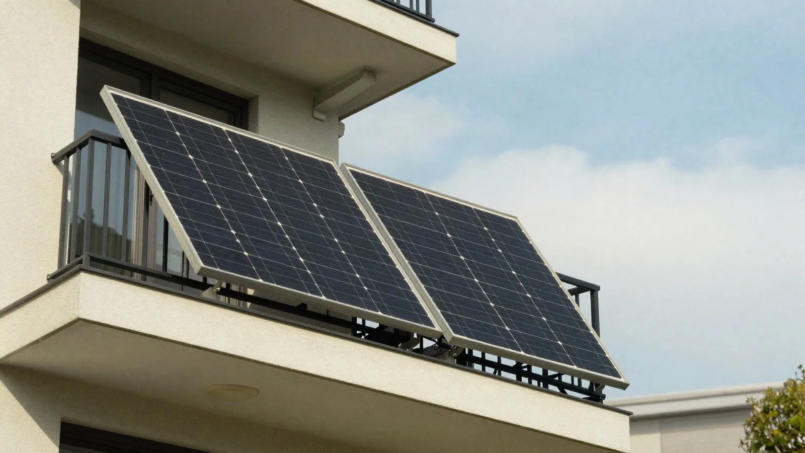 Solarmodul am Balkongeländer von unten gegen den Himmel