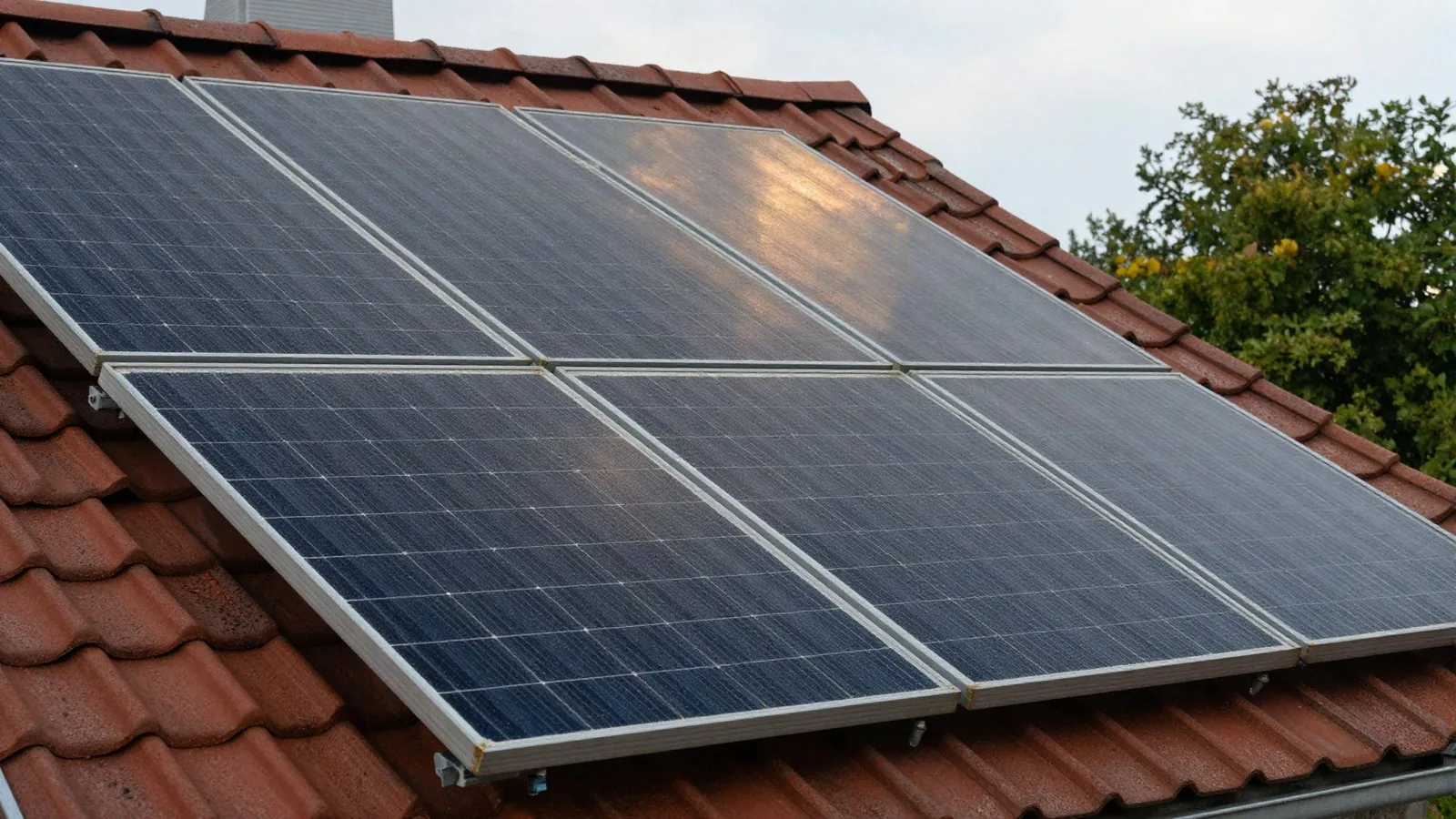 Solarmodule auf einem Ziegeldach im Morgenlicht, Nahaufnahme