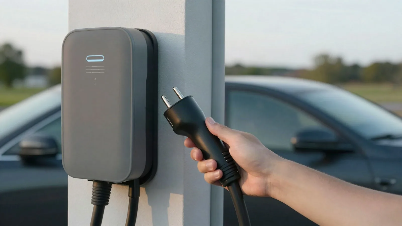Ladestecker einer Wallbox in der Hand, Elektroauto im Hintergrund