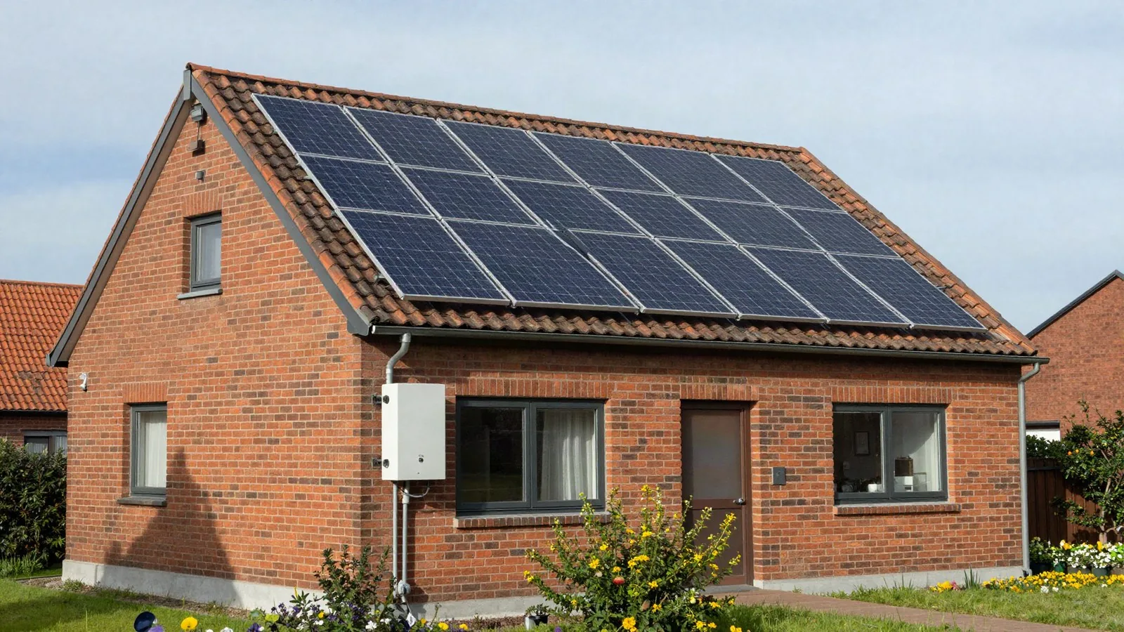 Photovoltaikanlage auf dem Dach eines Einfamilienhauses bei Bremen, Wechselrichter an der Hauswand