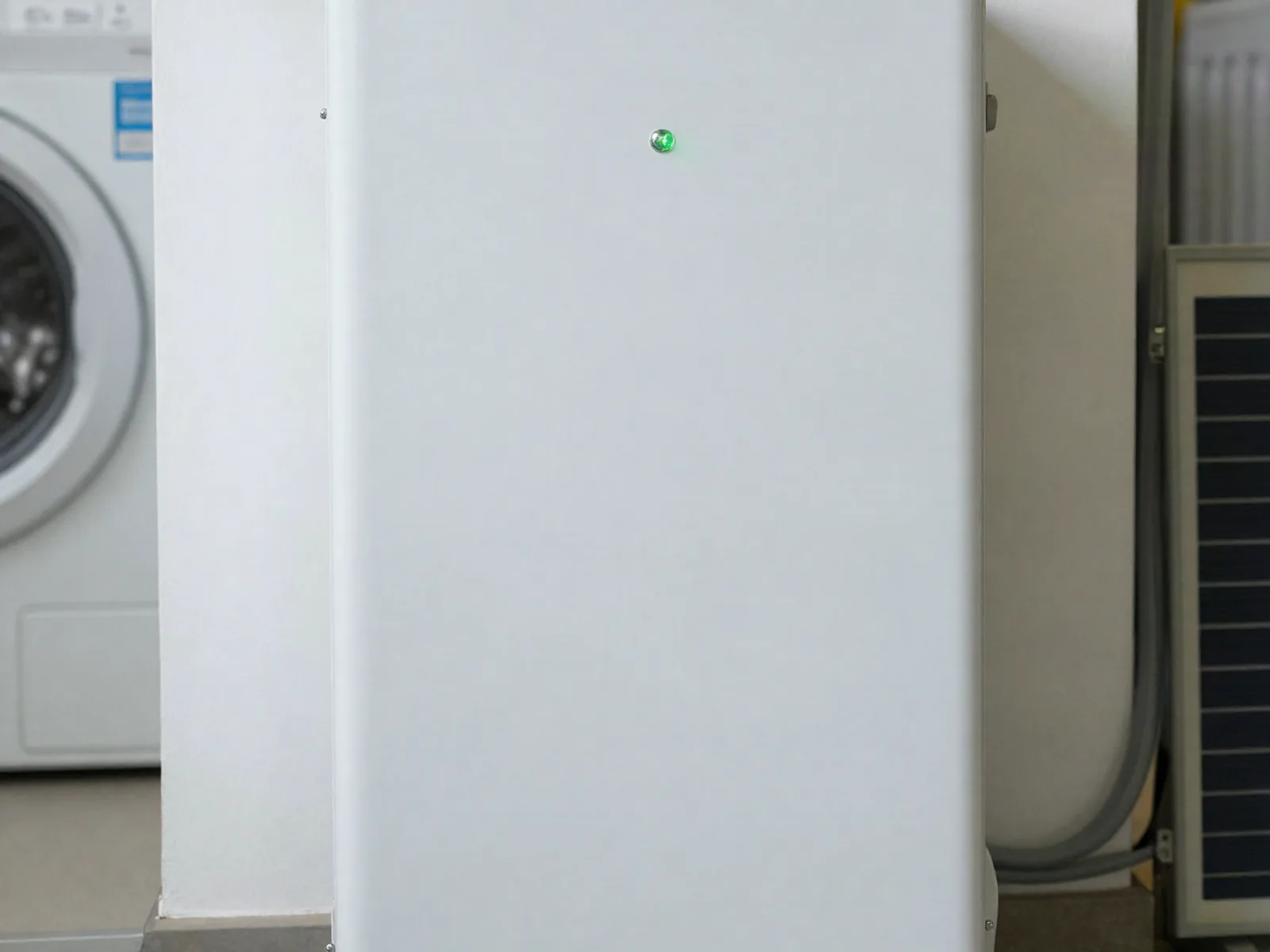 Batteriespeicher und Wechselrichter an der Wand eines Hauswirtschaftsraums