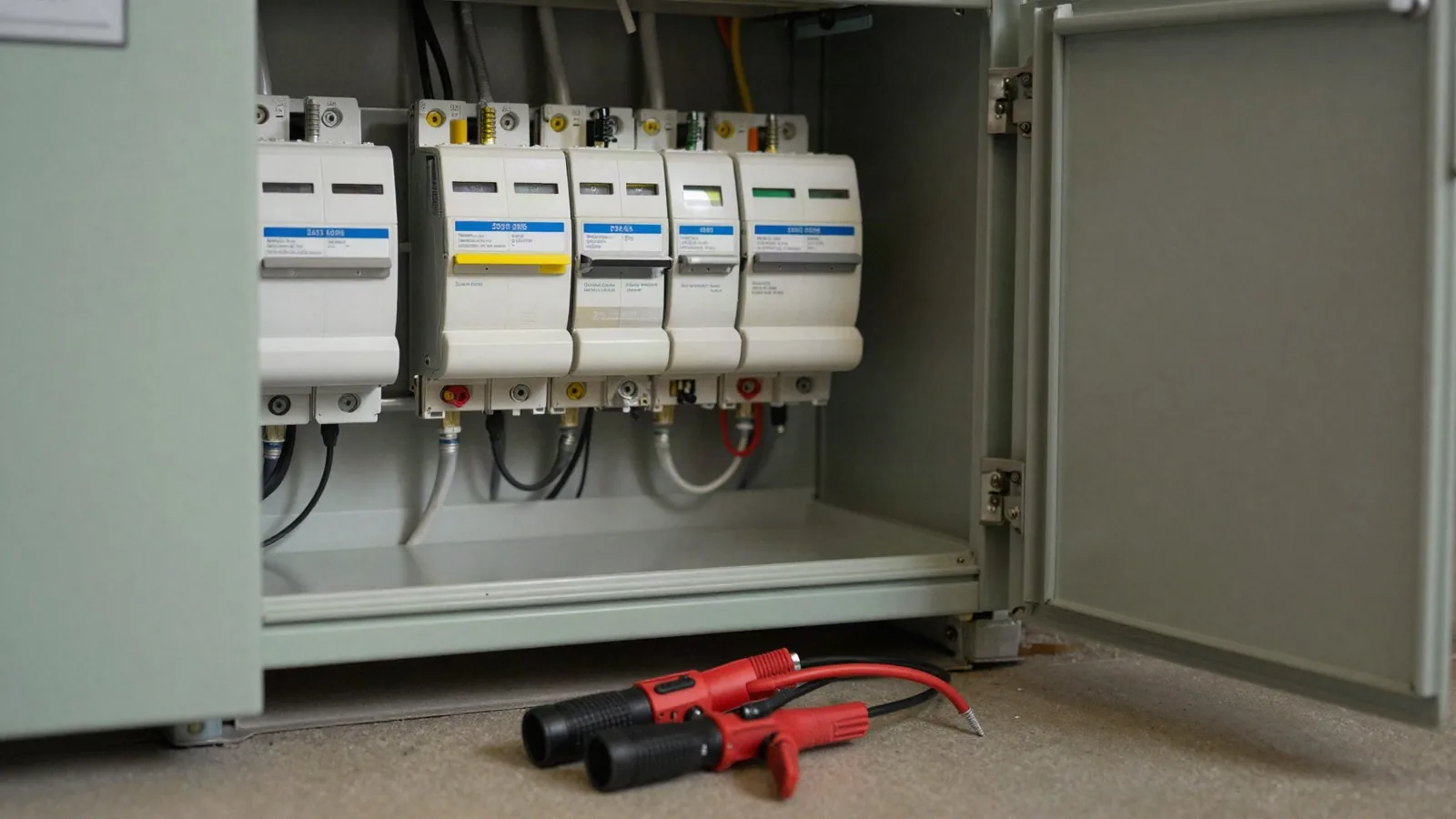 Prüfung nach DIN VDE 0100-600 Installationstester mit Messleitungen vor einem geöffneten Stromkreisverteiler