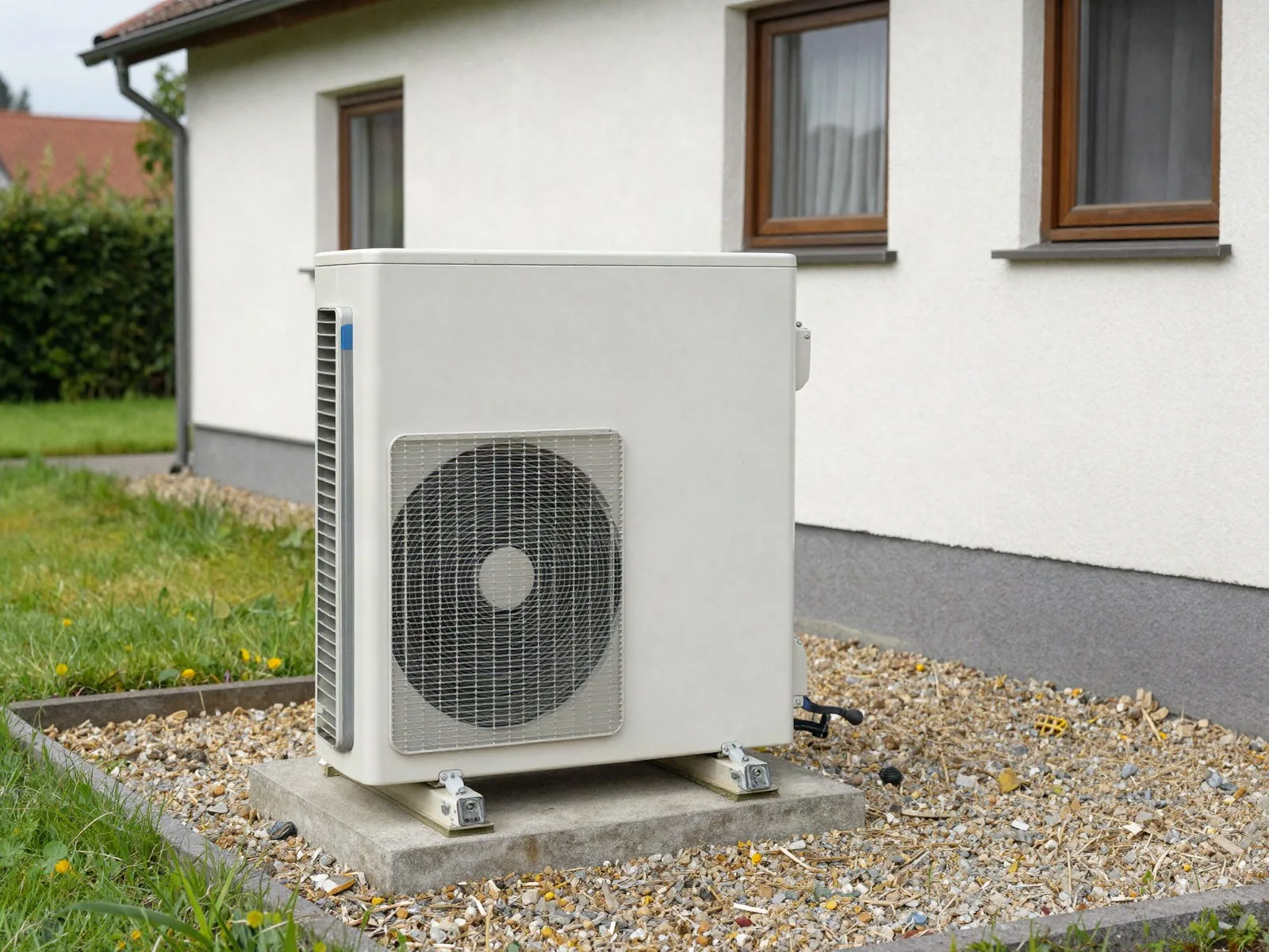 Außeneinheit einer Luft-Wasser-Wärmepumpe neben einem Wohnhaus in Niedersachsen