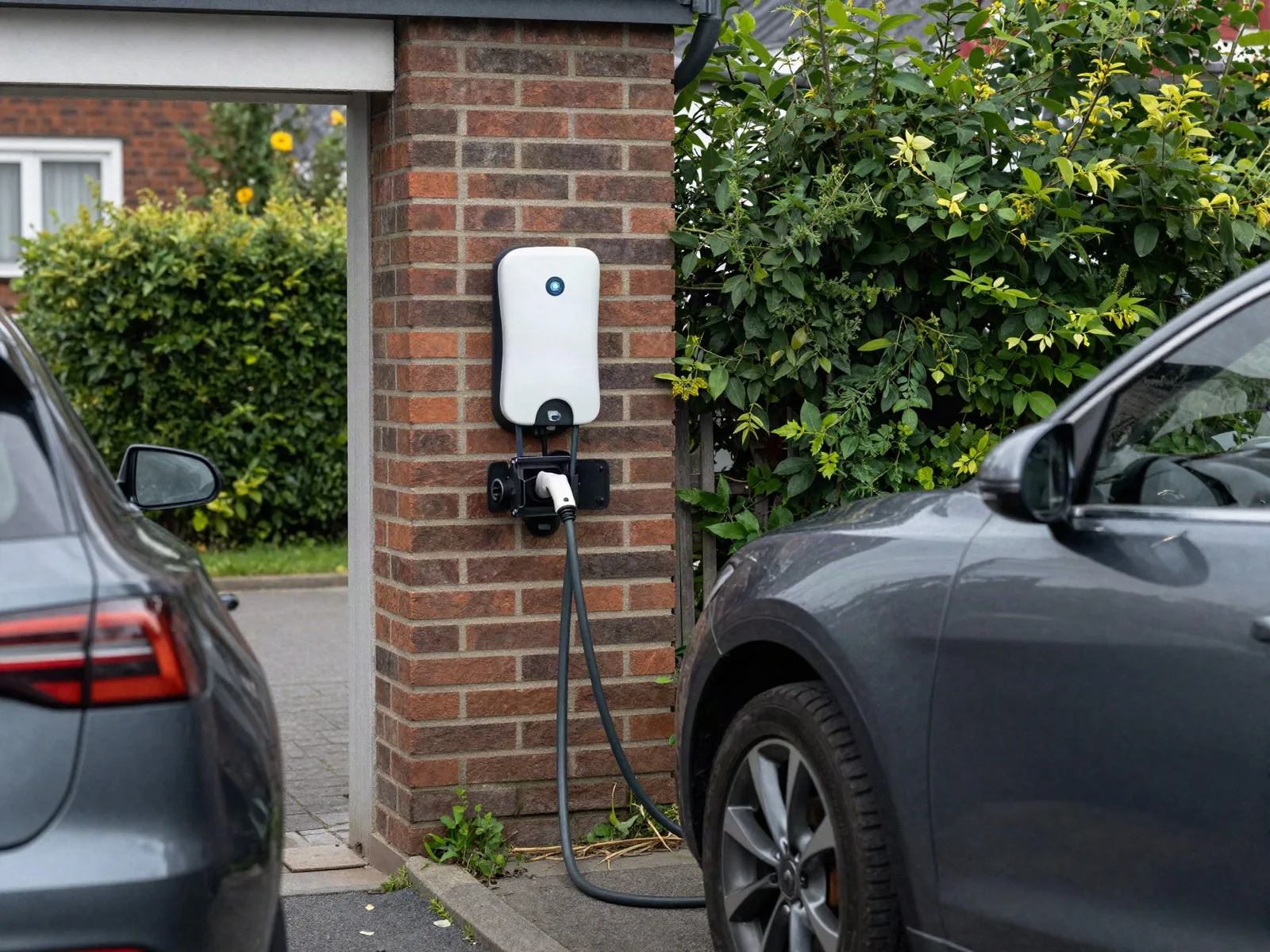 Wallbox an der Garagenwand eines Einfamilienhauses, Elektroauto beim Laden