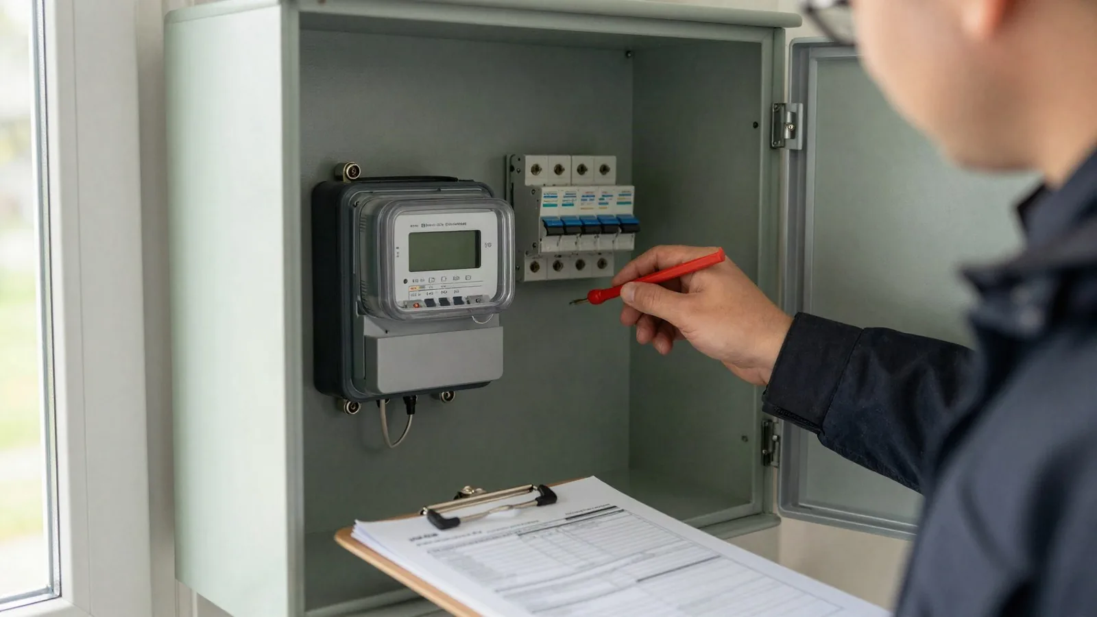 Zähleranmeldung durch den Elektromeister in Stuhr Elektromeister prüft einen geöffneten Zählerschrank mit neuem Zweirichtungszähler